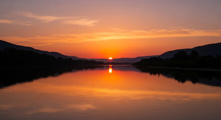 Obraz premium The sun sets over the tranquil river, casting a warm orange glow across the water and silhouetting the trees and hills on either side