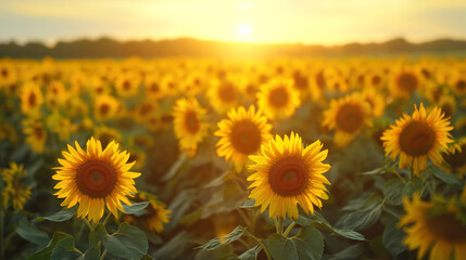 Fototapeta premium Golden hour aerial shot of a sunflower field with colorful hues
