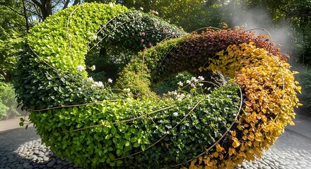 Intricate living sculpture, a symphony of foliage, texture and color