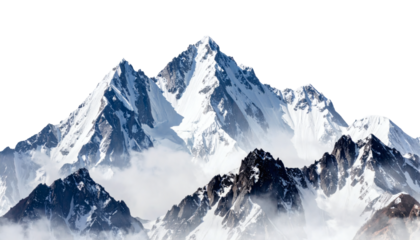 Majestic snow-capped mountain peaks pierce the sky, shrouded in ethereal mist, inspiring awe and adventure.