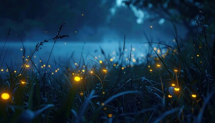 Illuminated fireflies glow brightly, illuminating a grassy field at night with a soft, ethereal light, against a blurred backdrop of a peaceful, dark, misty landscape.