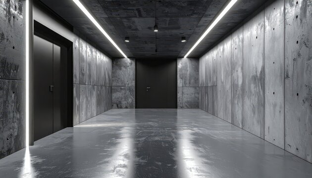 Interior architectural perspective showcases a modern, minimalist concrete corridor bathed in cool, ambient lighting, featuring sleek black doors, a polished floor with reflections, creating a... - Powered by Adobe