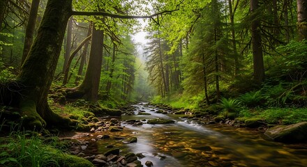 Lush emerald forest with a gentle creek winding through a vibrant tapestry of nature's serenity creating a picturesque