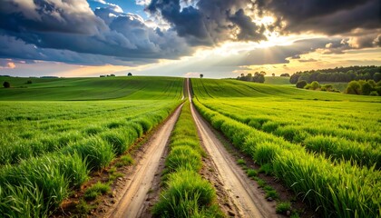 Obraz premium A dirt road bisects vibrant green fields stretching towards a horizon painted by a dramatic sunset, casting golden rays