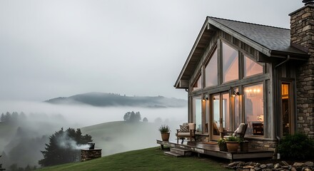 Rustic mountain home with foggy hill background exudes peaceful retreat