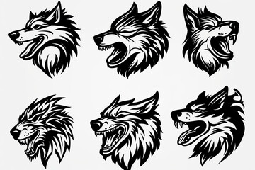Fototapeta premium Six stylized wolf heads illustrated in black and white, showcasing various expressions and features, perfect for graphic design or tattoo art.