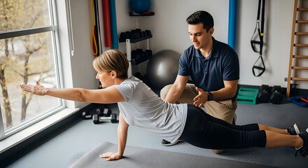Core strength exercise with personal trainer in gym room showing fitness training