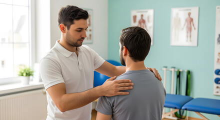 Male therapist checking patient shoulder alignment in clinical room with medical posters