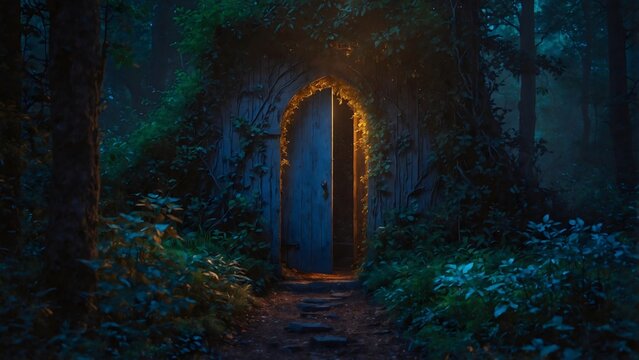 An illuminated portal or door emerges from within a twilight woodland setting, drawing viewers into a dreamlike world, beckoning with mystery and allure.