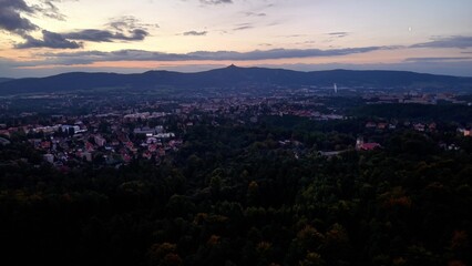 A stunning aerial view showcasing a beautiful and scenic landscape during the dusk period