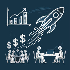 A dynamic illustration features a rocket soaring above a business meeting and a rising bar graph, symbolizing growth and success, all drawn in white lines on a dark blue background