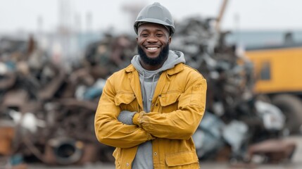 Smiling Worker in Yellow Jacket and Hard Hat Posing Confidently at Industrial Scrap Yard with Piles of Recyclable Metal and Machinery in Background