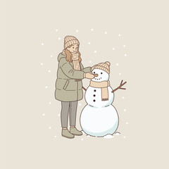 Person in winter clothes building snowman in snowy scene festive vector illustration for Christmas holiday activity seasonal fun or greeting card in clean flat design