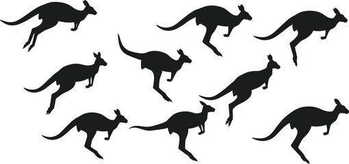 Silhouette of kangaroo jumping and running in motion, wildlife animal illustration, Australian nature concept, wild marsupial movement design art