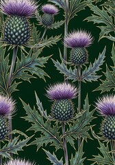 Sophisticated thistle pattern with golden line accents on a deep green hue
