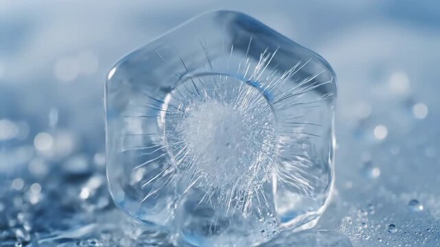 Extreme slow motion view of delicate ice hexagons melting, showing intricate water rivulets and crystalline structures frozen, abstract, art