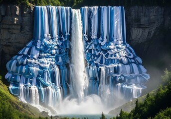 Spectacular fabric waterfall with intricate blue and white drapery