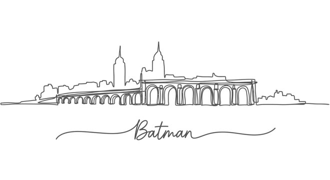 Batman Skyline Continuous Line Art with Calligraphy