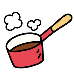 手描き線画のシンプルな赤い片手鍋のイラスト
