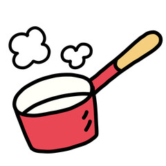 手描き線画のシンプルな赤い片手鍋のイラスト