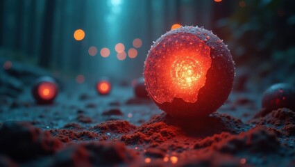 Glowing red spheres with intricate patterns are scattered on a forest floor, surrounded by bokeh lights and a mystical atmosphere.