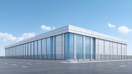 Modern Commercial Building with Glass Facade and Clear Blue Sky, Ideal for Urban Development and Architecture Projects