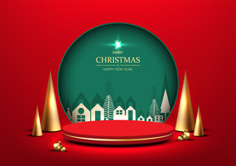 Elegant 3D Christmas and New Year scene features, Red product podium surrounded by golden cones and ornaments, winter village with pine trees on green circle background. Vector illustration.