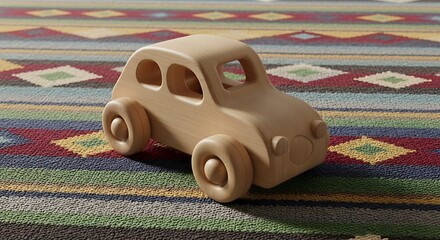 Vintage wooden toy car resting on colorful woven fabric with ethnic pattern