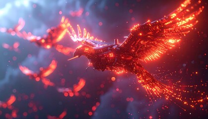 Fiery avian forms soar gracefully through an atmospheric, ethereal environment, emitting radiant luminescence with a palette of crimson and orange hues amidst a backdrop of celestial, nebulous...