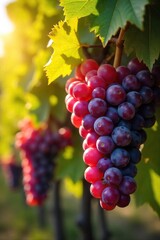 Sun-Ripened Grapes Hanging Heavy on Autumn Vine, Ready for Harvest. Golden Sunlight Illuminates Vibrant Clusters, Showcasing the Bounty of the Season.