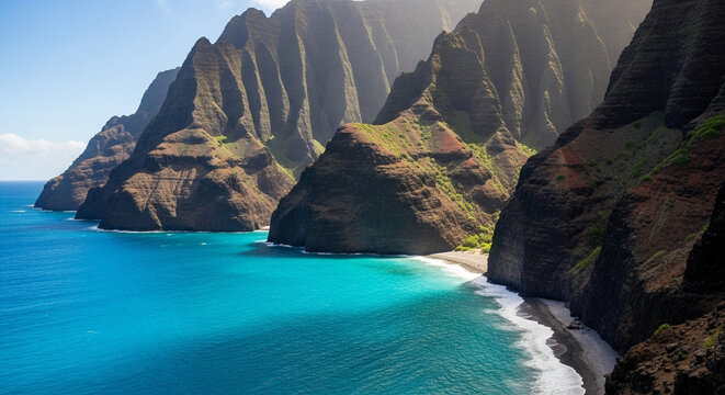 Scenic view of the na pali coast in kauai, hawaii, with dramatic cliffs, turquoise water, and a secluded beach on a sunny day