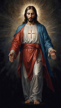 A divine depiction of a religious figure, exuding serenity, with open arms, and the radiance of the heavens behind him.
