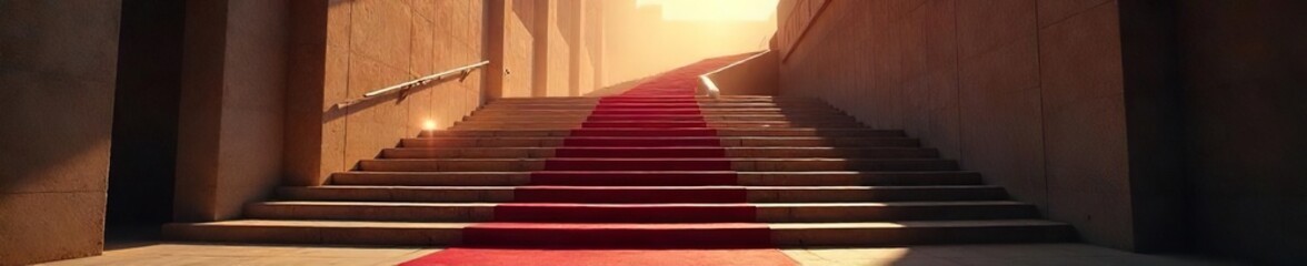 Grand Cinematic Staircase Ascending to Success, bathed in soft light.  Perfect for film, glamour, luxury, and success-themed projects. Architectural details showcased.