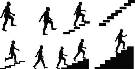 Silhouette of man walking upstairs and downstairs, progress concept illustration, business growth steps, success path, motivation and achievement design