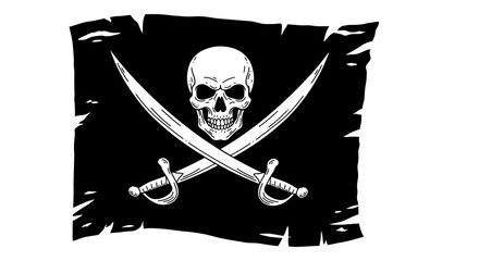 Fototapeta premium Skull and crossed swords symbol on black pirate flag isolated