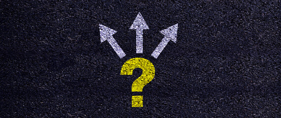 Decision making concept with question mark and arrows pointing different directions, business strategy, arrows in different directions and question mark