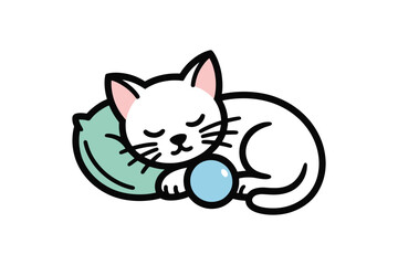 Fototapeta premium Sleeping White Cat with Toy and Pillow Simple Cartoon Illustration