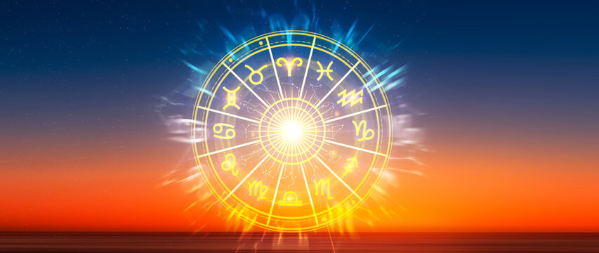 Horoscope with zodiac signs concept. astrology and money wealth concept, Astrological zodiac signs inside of horoscope circle, knowledge of stars in the sky