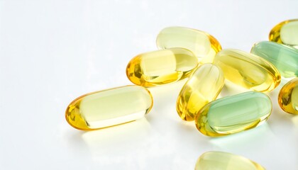 Yellow and green capsules arranged on a white surface