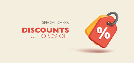 Price tags with percentage, 3D on a light background. Banner for discounts, sales on goods, products. Icon, web design. Business and finance. Vector illustration.
