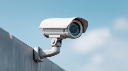 Outdoor Security Camera Mounted on a Wall Under a Clear Sky, Surveillance Technology for Safety and Monitoring in Urban Environments