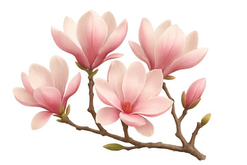 Naklejka premium Blooming pink magnolia flowers on a branch with buds, creating an elegant botanical illustration, transparent background
