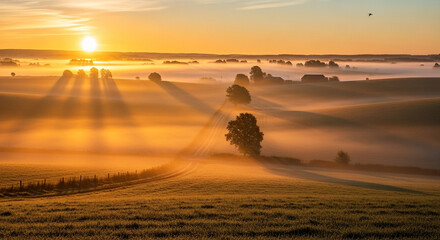 Golden sunrise over a misty field, with sun rays piercing through the fog, creating a serene and ethereal landscape with trees and fields