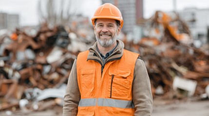 Smiling construction worker in safety gear stands confidently at a metal recycling yard with scrap materials in the background, promoting safety and responsibility