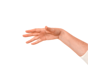 Human hand extended forward with open palm facing down, as if letting something go, isolated on a transparent background