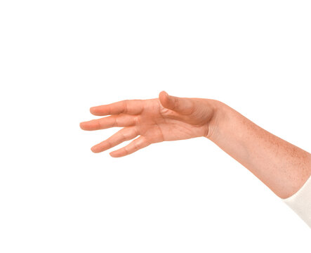 Human hand extended forward with open palm facing down, as if letting something go, isolated on a transparent background