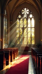 Sunlight Streams Through Stained Glass, Illuminating a Serene Church Interior, Perfect for Themes of Peace, Faith, and Spirituality