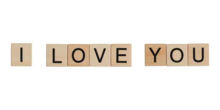 Express heartfelt sentiments with classic wooden tiles spelling "I LOVE YOU" for a timeless declaration of affection.