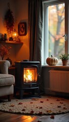 Cozy Autumn Living Room Warmed by Space Heater A Warm and Inviting Scene Perfect for Home Decor and Winter Comfort Themes
