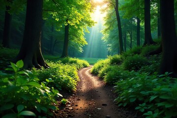 Winding Mountain Hiking Trail Through Lush Forest Sunlight Dappling Path - Perfect for Adventure Travel and Nature Photography